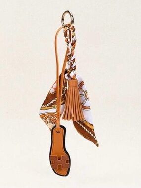 Keychain/Bag Charm Silk Scarf, Brown Leather Tassel & Hermes-Inspired Sandle